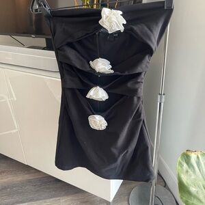 NBD Black Strapless Mini Dress with White Rosette Accents